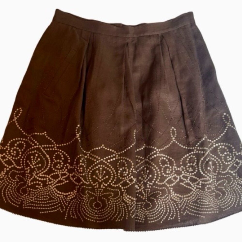 Elie Tahari Brown Linen Skirt with Embroidered Hem 6